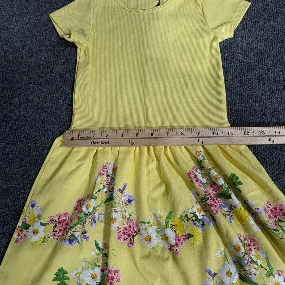 Molo Dress Girls 7-8 Yellow Floral Print Short Sleeve Organic Cotton Fit Flare